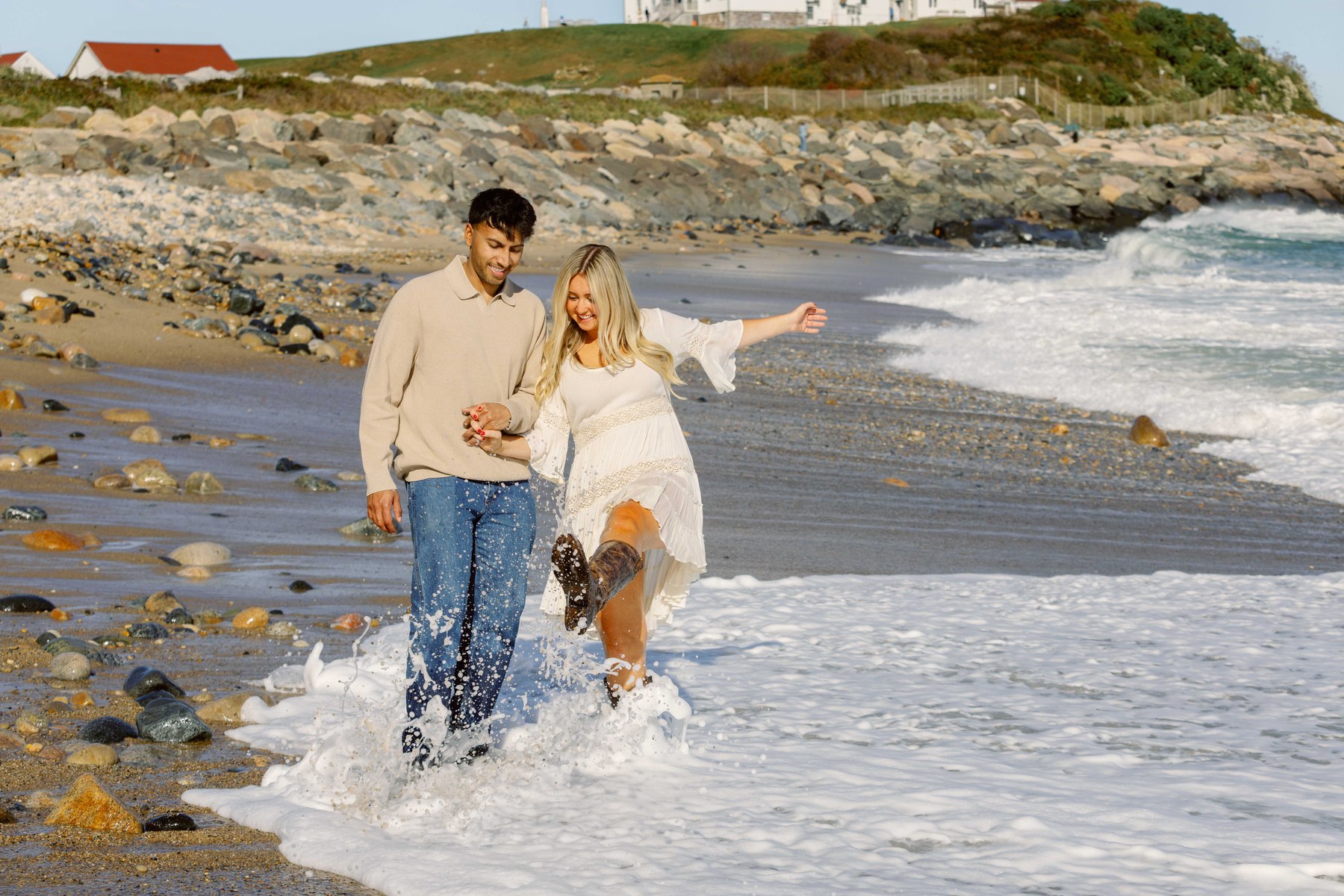 Engagement session in the surf at Montauk Point